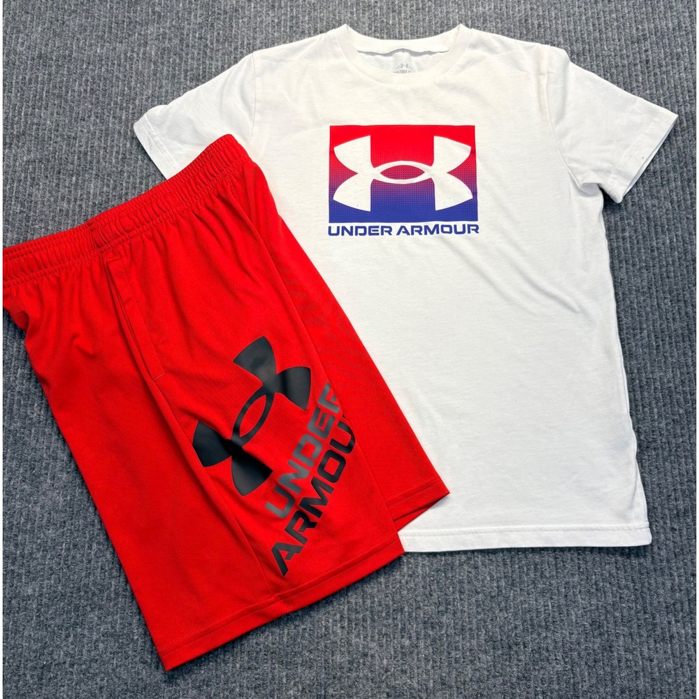 Under Armour Boys 2pc Set White Graphic Tee Red Athletic Shorts Youth Medium YMD